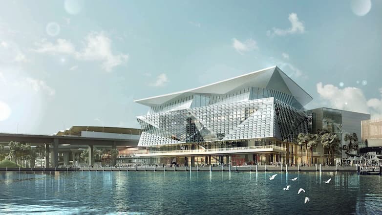 Architectural render of ICC Sydney’s glass facade across the water at Darling Harbour